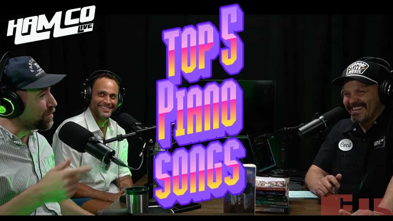 Musician Brett Wiscons in the HamCo Live studio with hosts Josh Cecil and Tyler Mechem for the Top 5 Piano Songs episode