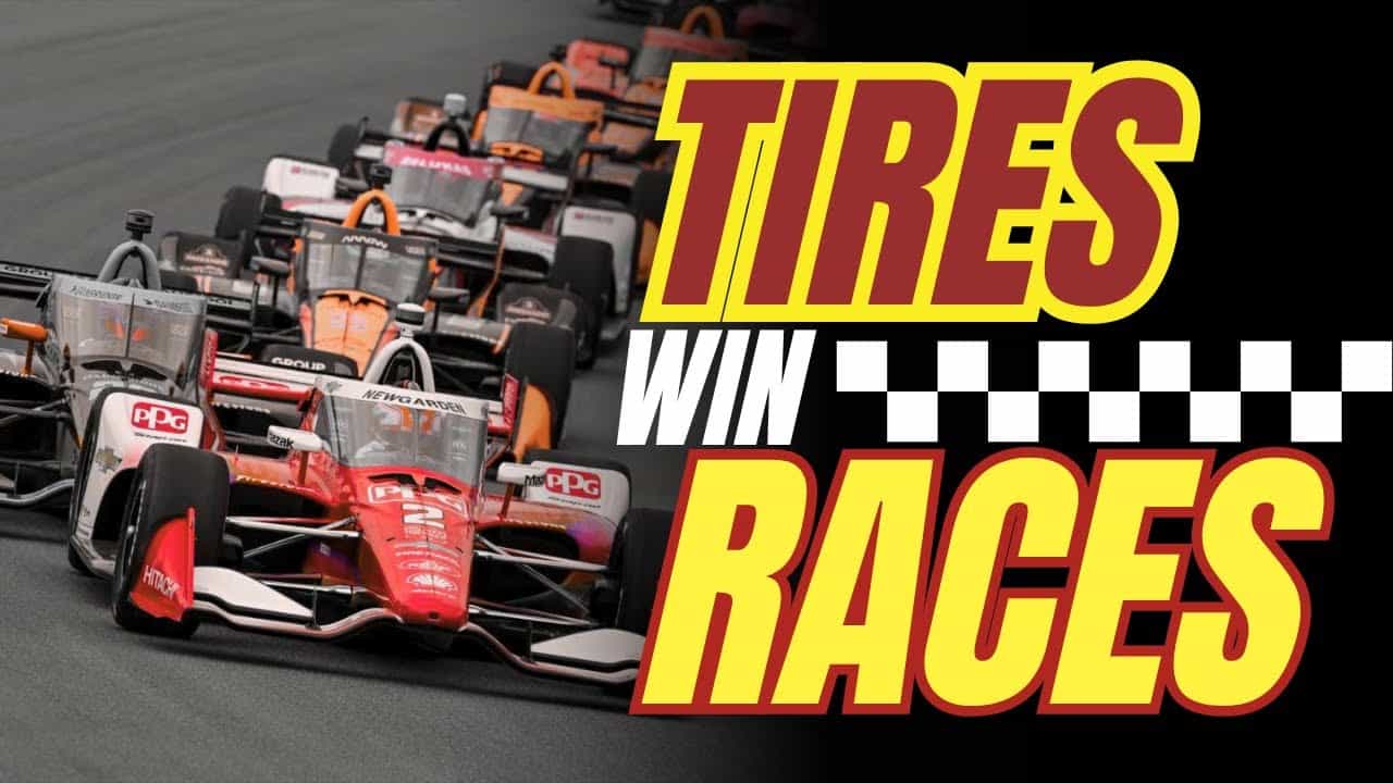 Race cars speed around the track, showcasing Indiana's vibrant racing culture and tire innovation.