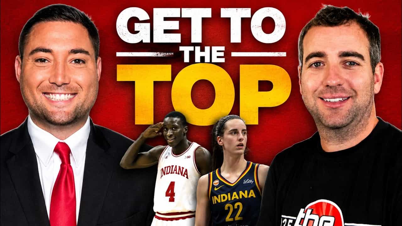 Get IN. Sports thumbnail with host Dom Miranda and guest Kevin Bowen of 107.5 The Fan beside the words Get to the Top, with Indiana's Victor Oladipo and Fever star Caitlin Clark between them.