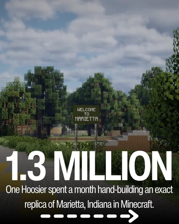 u/GeneralGeneral5302 on Reddit spent a month hand-placing over a million blocks to build an exact replica of this Indiana town! // getindiana.com

#hoosiers #indiana #midwest
