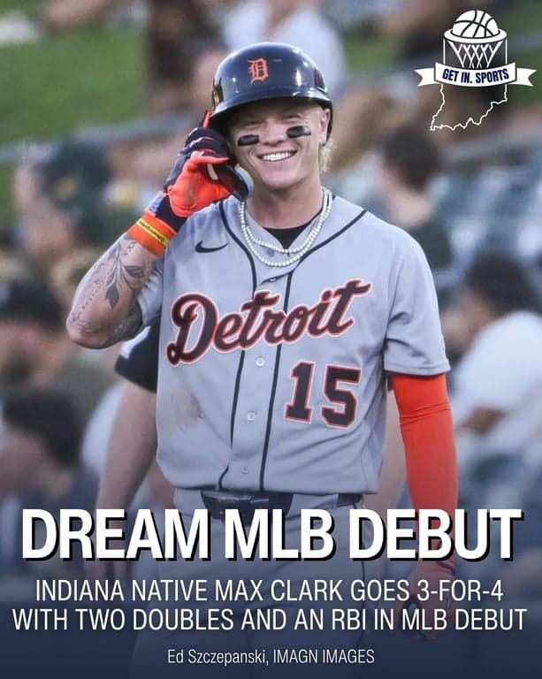 ⚾️ Franklin, Indiana's very own Max Clark goes 3-for-4 with two doubles and an RBI in his @mlb Debut Game with the @tigers 

-

#MLB #MLBdebut #DetroitTigers #MaxClark #Tigers