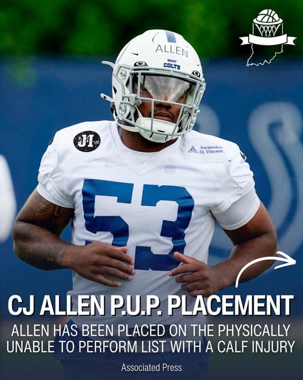 🏈 @colts LB CJ Allen has been placed on the Physically Unable to Perform list (PUP) with a calf injury, alongside Alec Pierce, per @dommirandatv 

-

#Colts #IndianapolisColts #Indianapolis #NFL #NFLNews