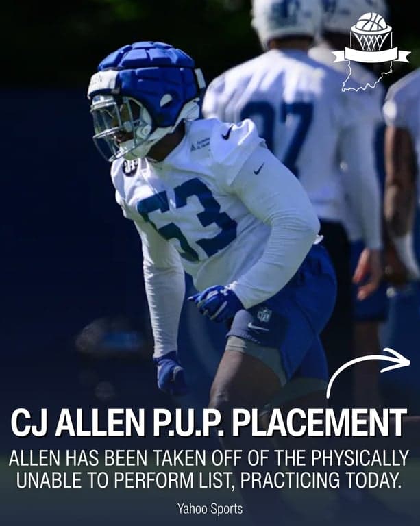 CJ Allen has been removed from the physically unable to perform list by the @colts after his calf injury from offseason work, allowing him to practice today.

-

#NFL #NFLNews #Colts #IndianapolisColts #ColtsTrainingCamp