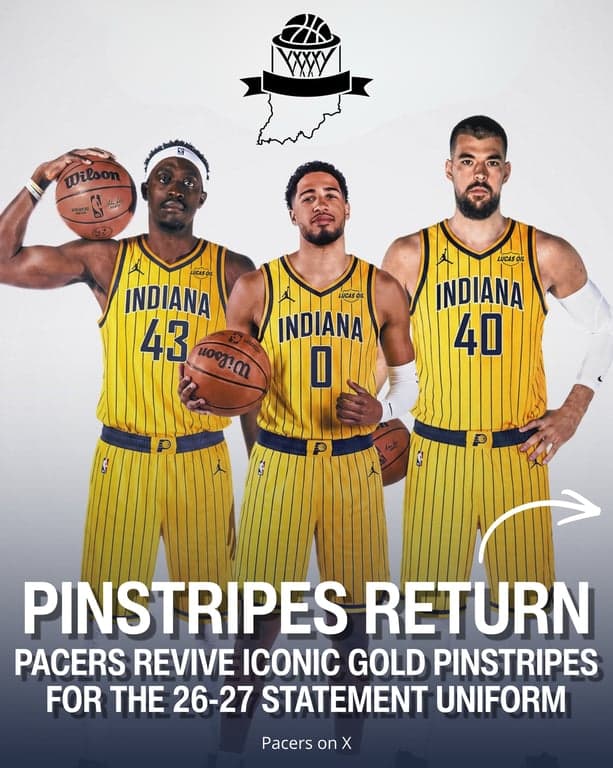 The @pacers are traveling back in time with their 2026-27 Statement Edition uniforms 😮‍💨

-

#IndianaPacers #Pacers #NBA #Haliburton #ReggieMiller
