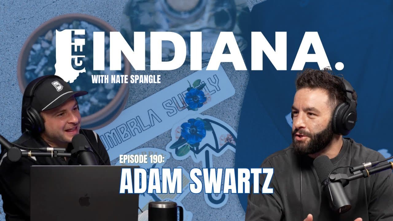Podcast hosts discuss entrepreneurship in Indiana, featuring Adam Swartz, with vibrant graphics and a professional setting.