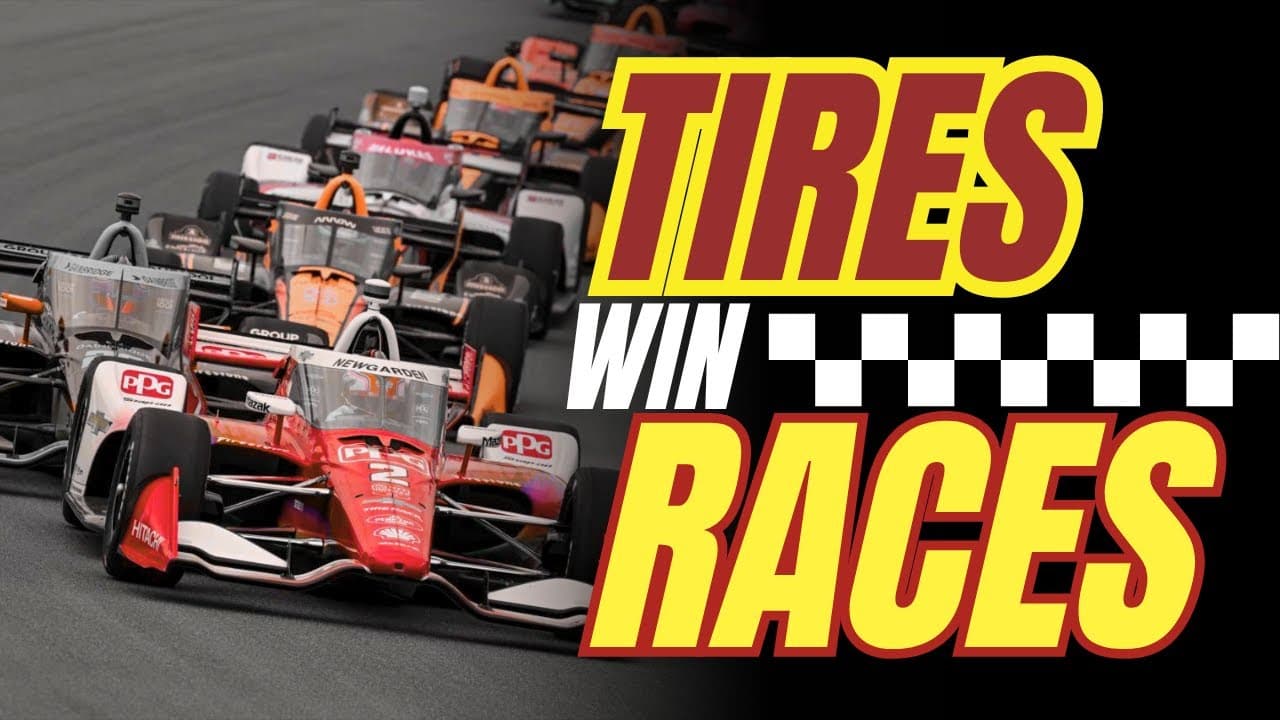 Race cars speed around the track, showcasing Indiana's vibrant racing culture and tire innovation.