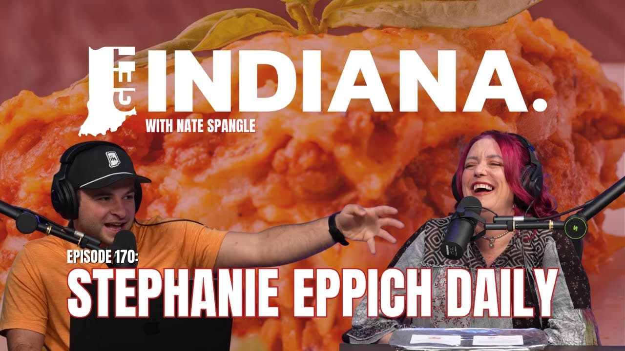 Podcast hosts discuss the booming popularity of lasagna in Indiana, with vibrant food imagery in the background.