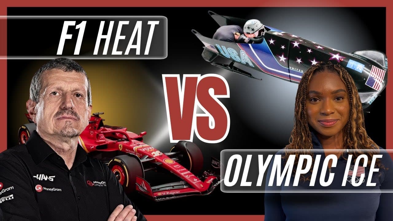 Podcast hosts discuss bobsledding aspirations against a vibrant racetrack backdrop in Indiana.